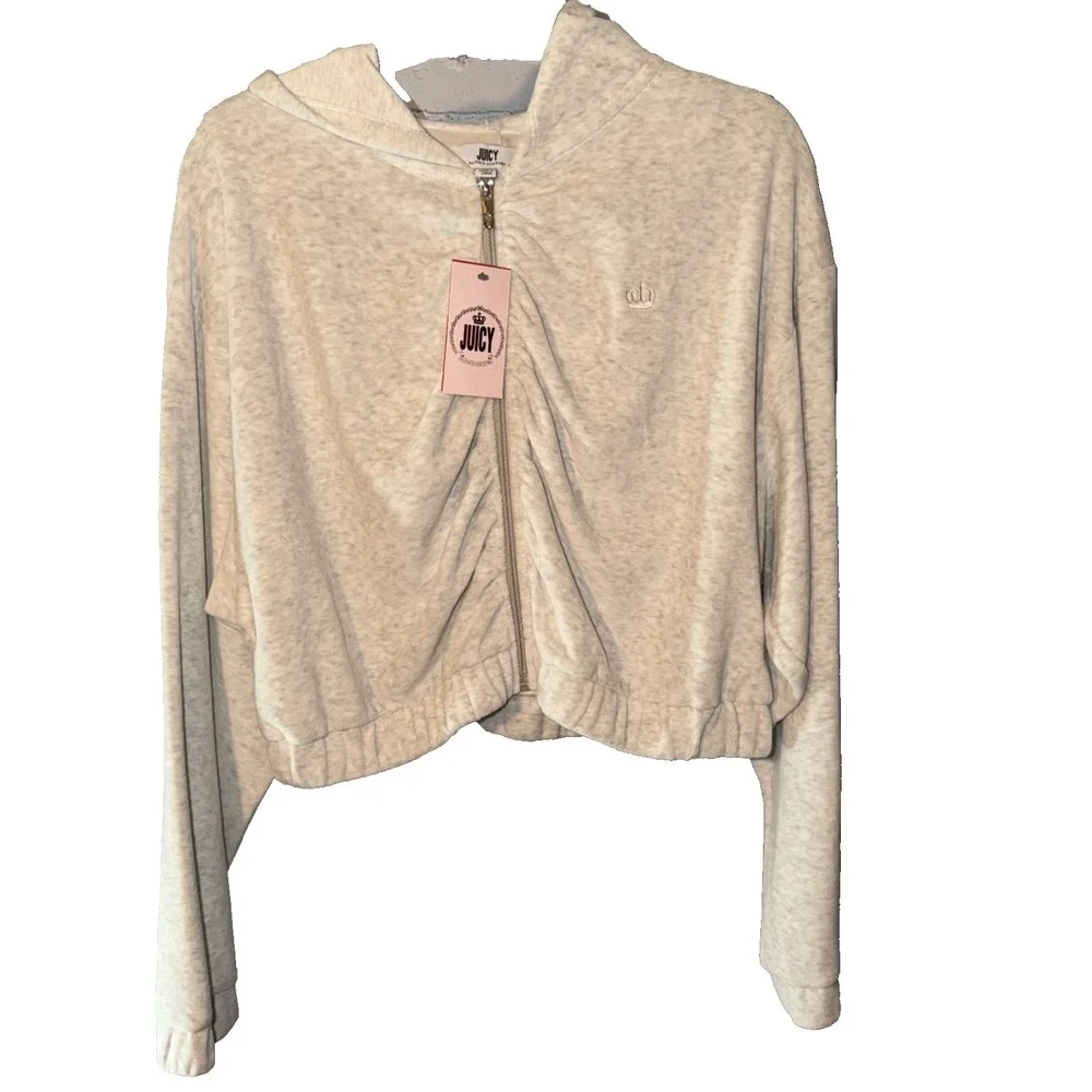 NWT Y2K Juicy Couture Velour Womens size XL Cropped Ruched Zip Up gray Mob Wife - Picture 1 of 5